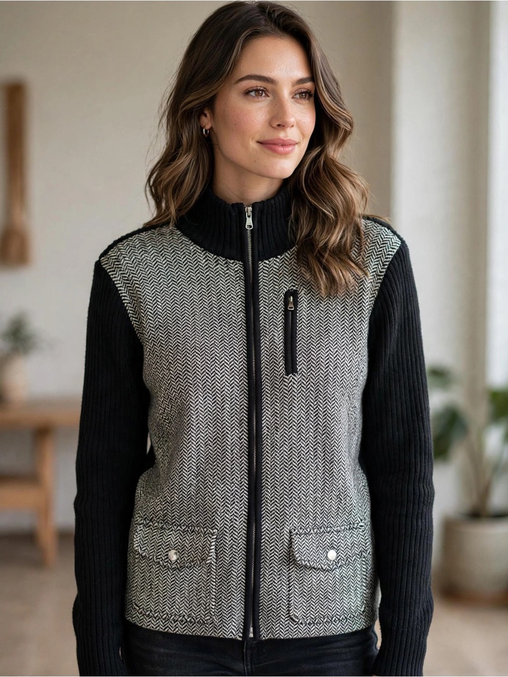 Ralph Lauren Black & White Herringbone Zip-Up Knit Jacket